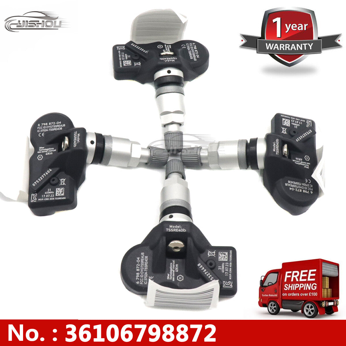 Four new TPMS tire pressure monitoring sensors (model 36106798872) suitable for BMW F30 328i and 335i.