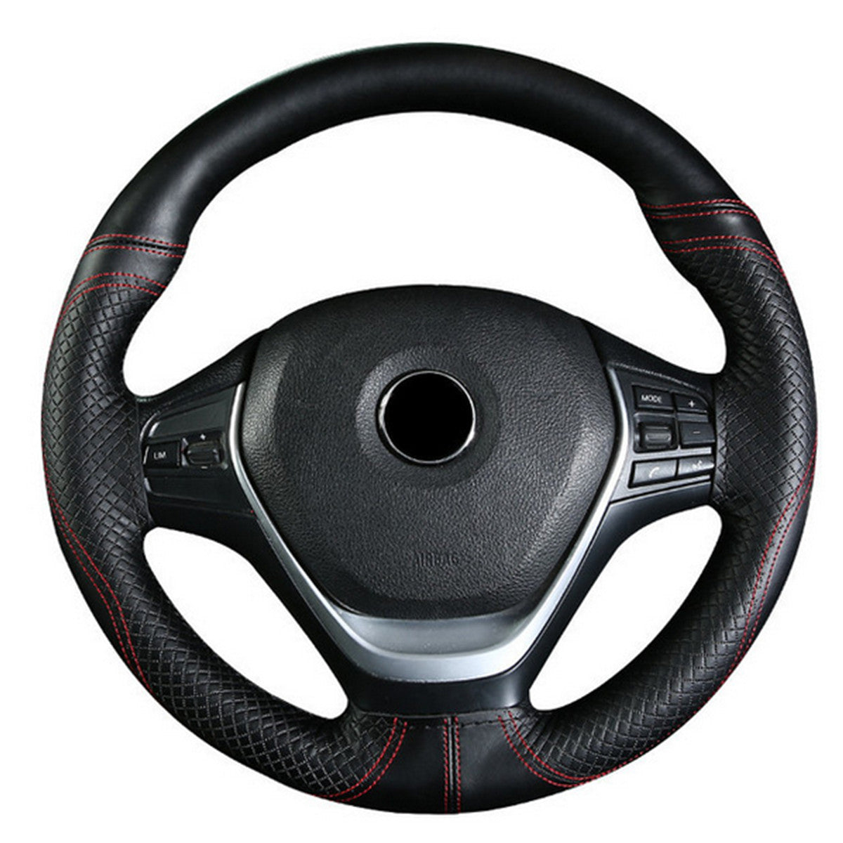 Black/Red Rear Leather Car Steering Wheel DIY Cover With Needles Thread 38cm