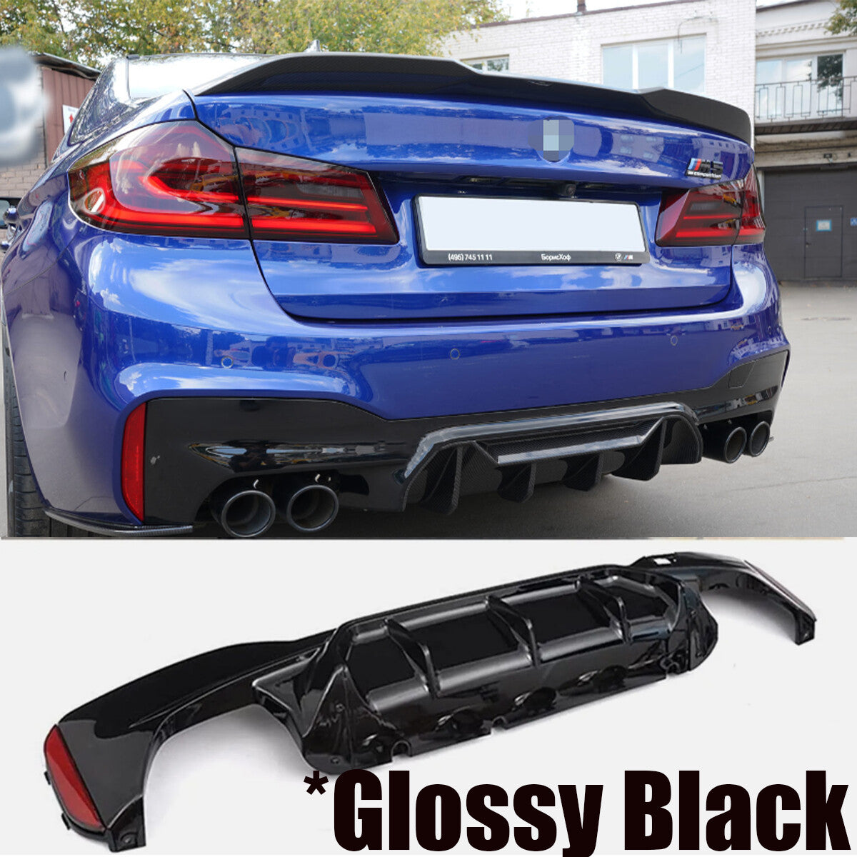 M5 style rear diffuser for 2017-23 for BMW G30 5 Series with M Sport gloss black bumpers. Q