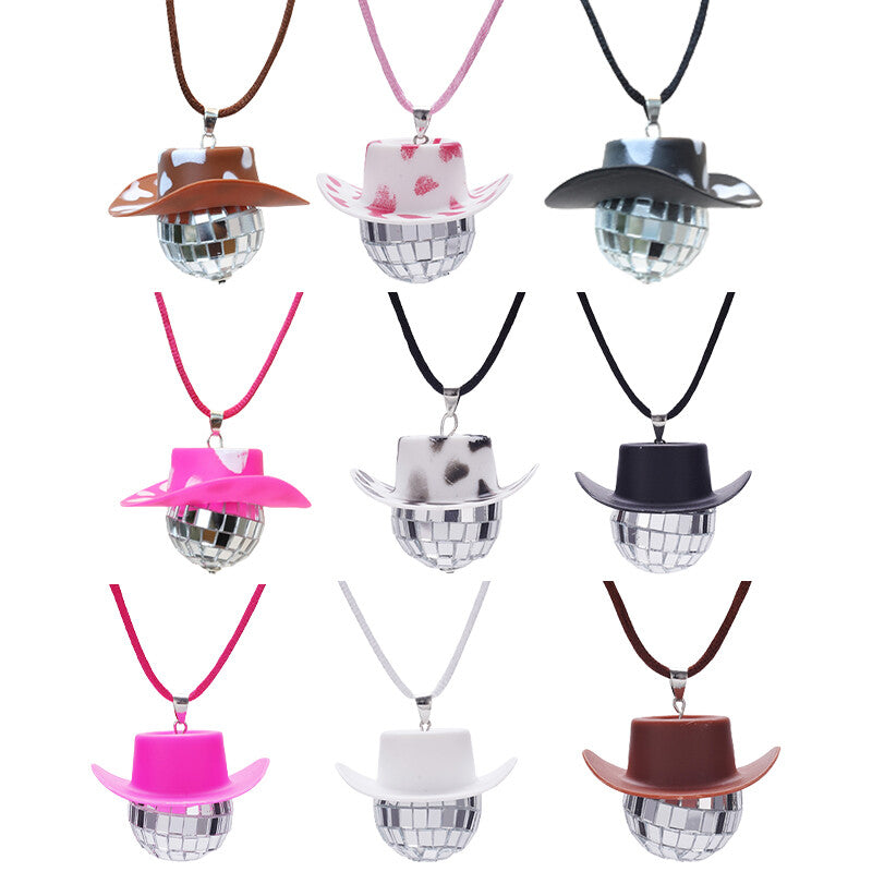 Cowboy Hat Disco Ball Car Ornamen Rearview Mirror Hang Acessory Rope Cow White