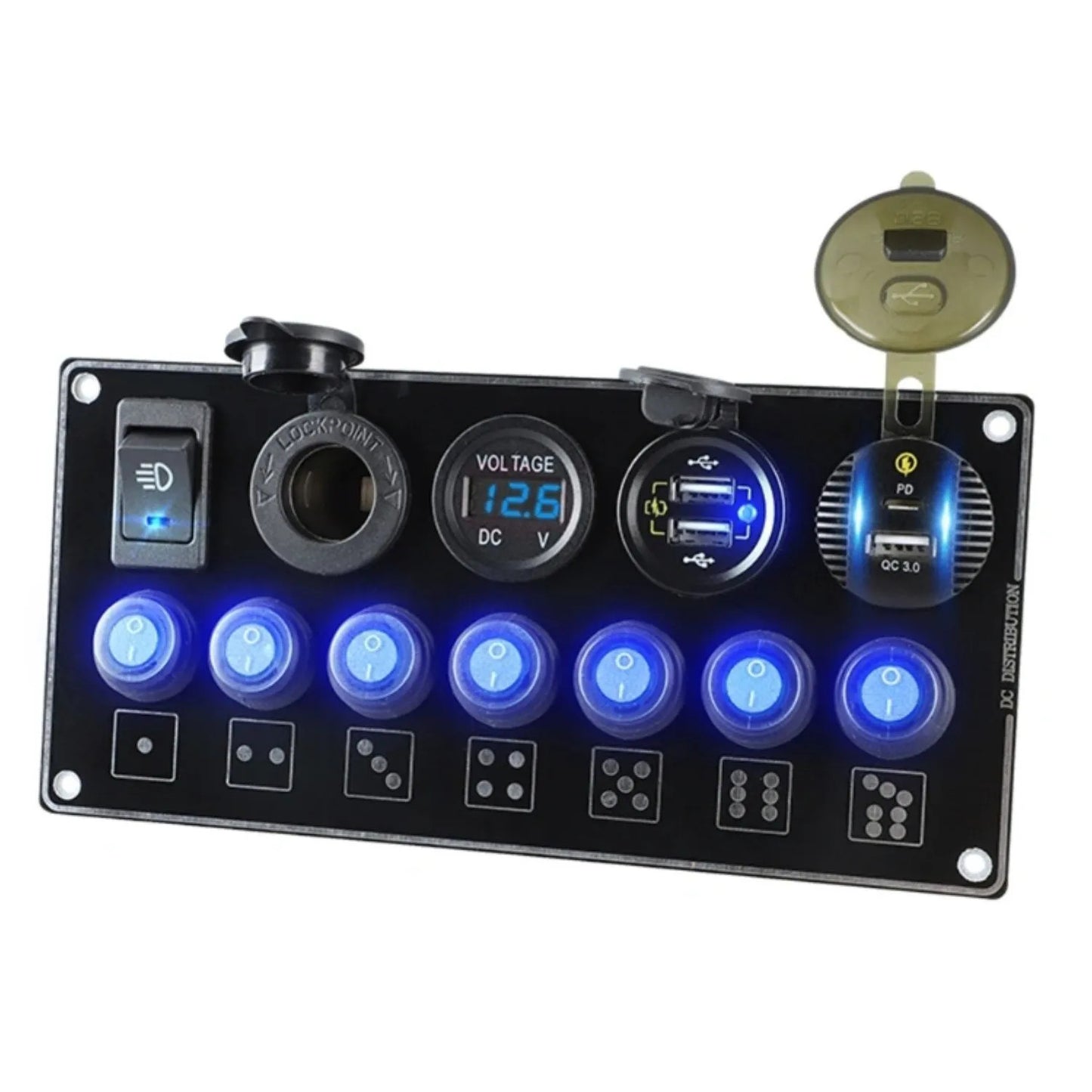 7-gang LED circuit toggle switch panel + voltmeter + USB + charger for cars, boats, and ships. n