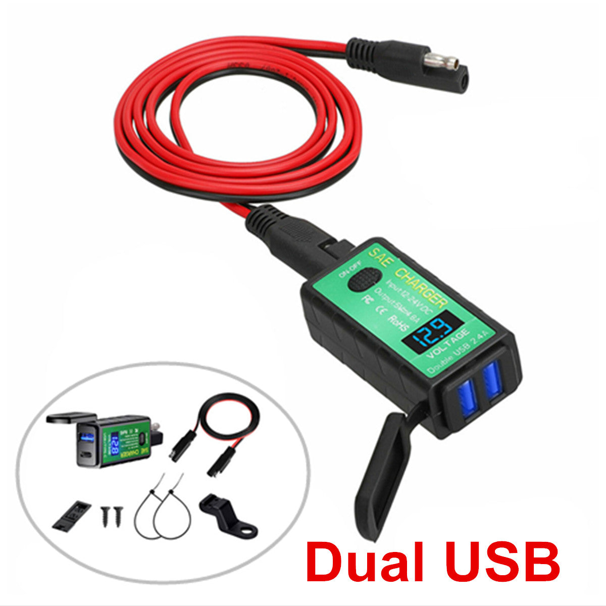 Waterproof Motorcycle SAE to Dual USB Charger 2.4A Cable Adapter For GPS Phone Q