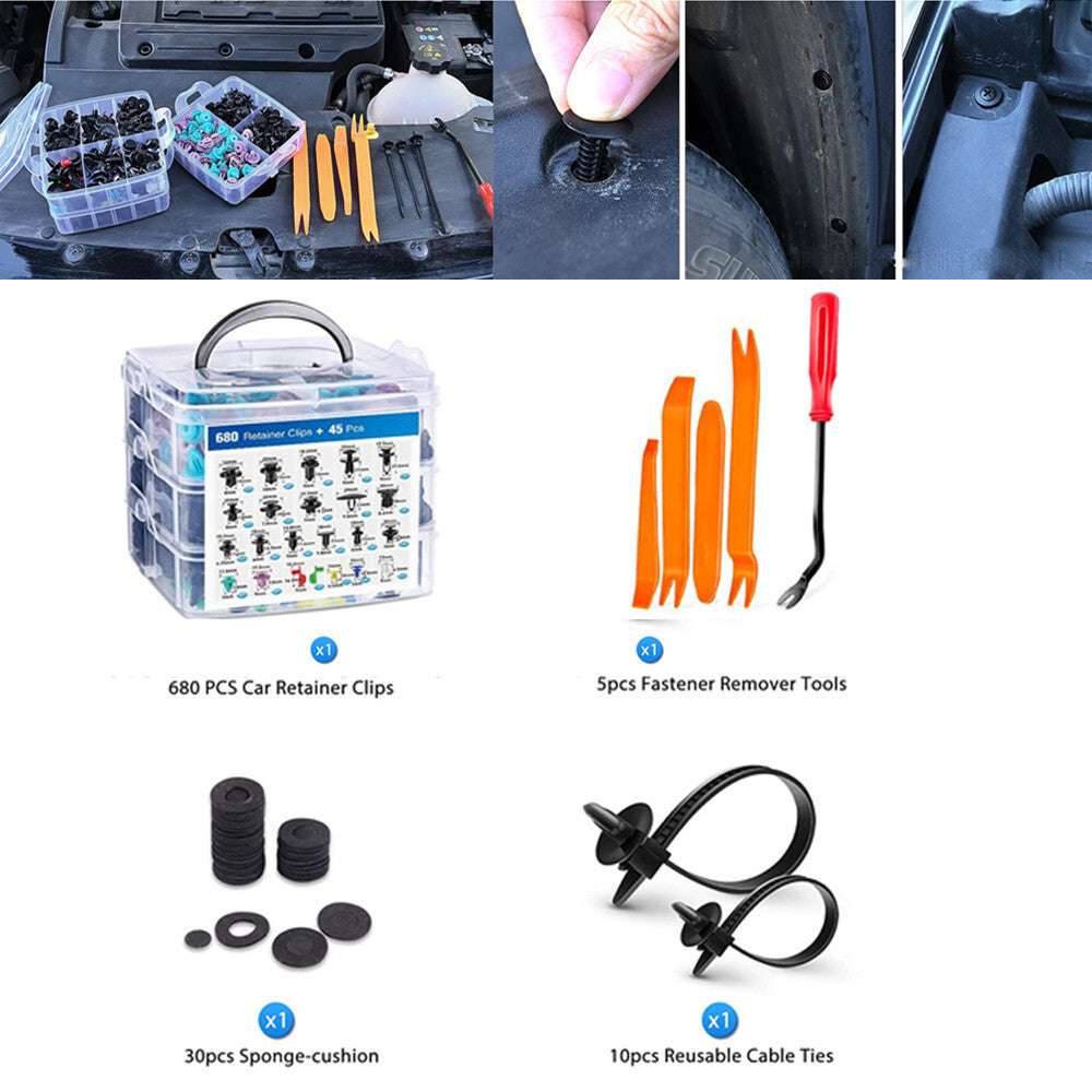 725-piece set of car door push clamp fasteners, categorized with 10 cables and tie-like straps - n