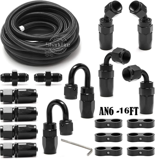 16ft AN6-6AN Black Stainless Steel Braided Oil Fuel Cable + Accessories, Hose, and Adapter