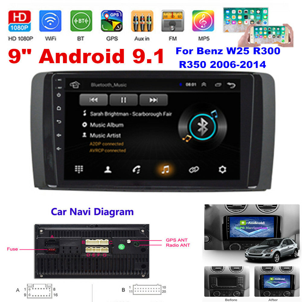 9-inch Android 9.1 Car Stereo Radio with GPS Navigation and WiFi, compatible with W25 R300 R350 (2006-2014). n