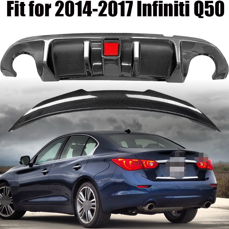 Suitable for 2014-2017 for Infiniti Q50: Carbon fiber rear bumper diffuser and rear boiler. Q