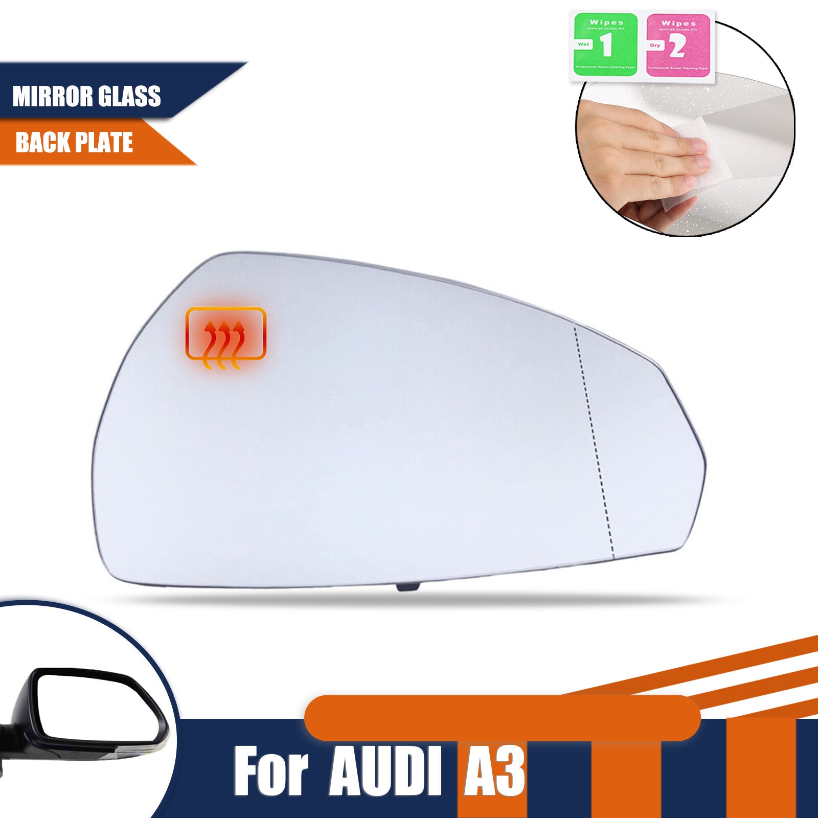 for AUDI A3 Quattro 2013-2020 Heated Mirror Glass Right Side With Backing Plate Q