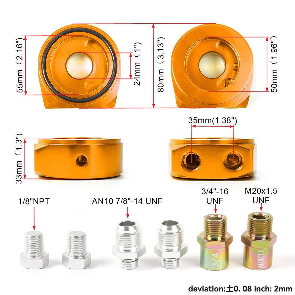 Gold Aluminum Oil Filter/Cooler Sandwich AN10 Block Adapter Gauge Sensor Plate Q