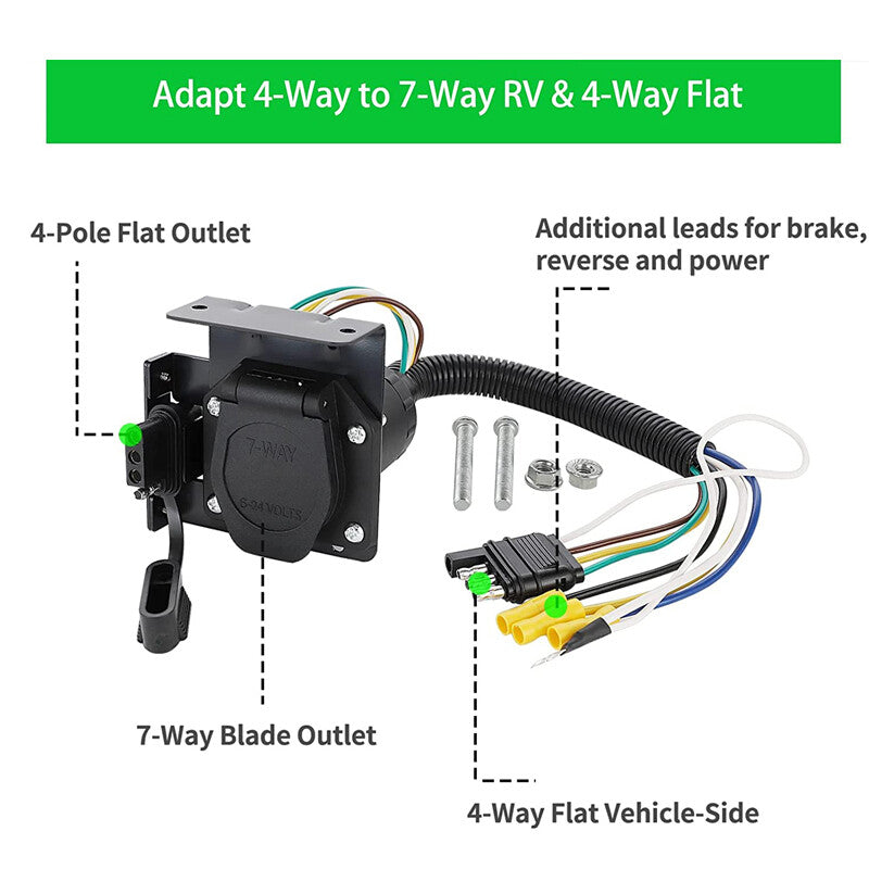 US 4-pin to 7-way blade trailer wiring adapter connector cable plug with bracket - n