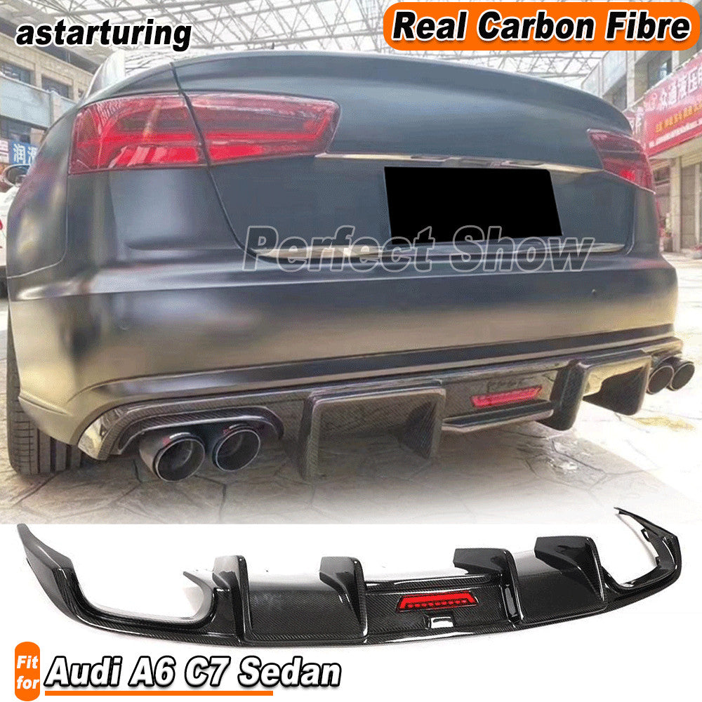 for Audi A6 C7 Sedan 2016-18 REAL Carbon Rear Bumper Diffuser Lip Spoiler W/ LED