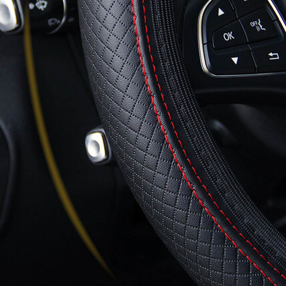 PU Leather Car Steering Wheel Cover, for 15-Inch, 38cm, Accessories, Black-Red Q
