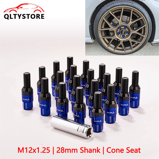 20x M12x1.25 Wheel Lug Bolt 28mm Shank Cone for Seat Stud for Most Aftermarket Blue Q