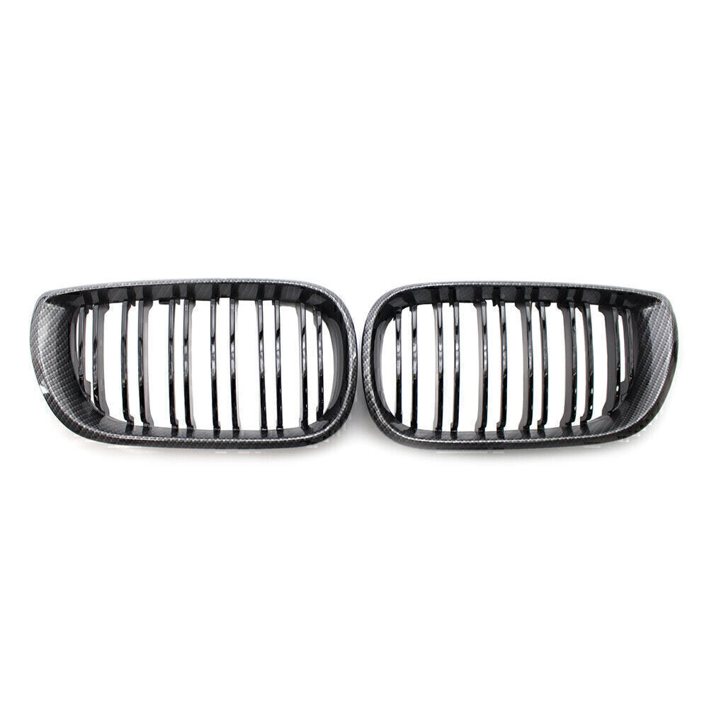 2x Carbon Fiber Black Double Slat Front Kidney Grille Fits for BMW E46 Sedan 02-05