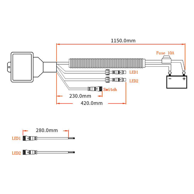 Motorcycle and bicycle handlebar mirror switch with wiring harness suitable for LED lights - n