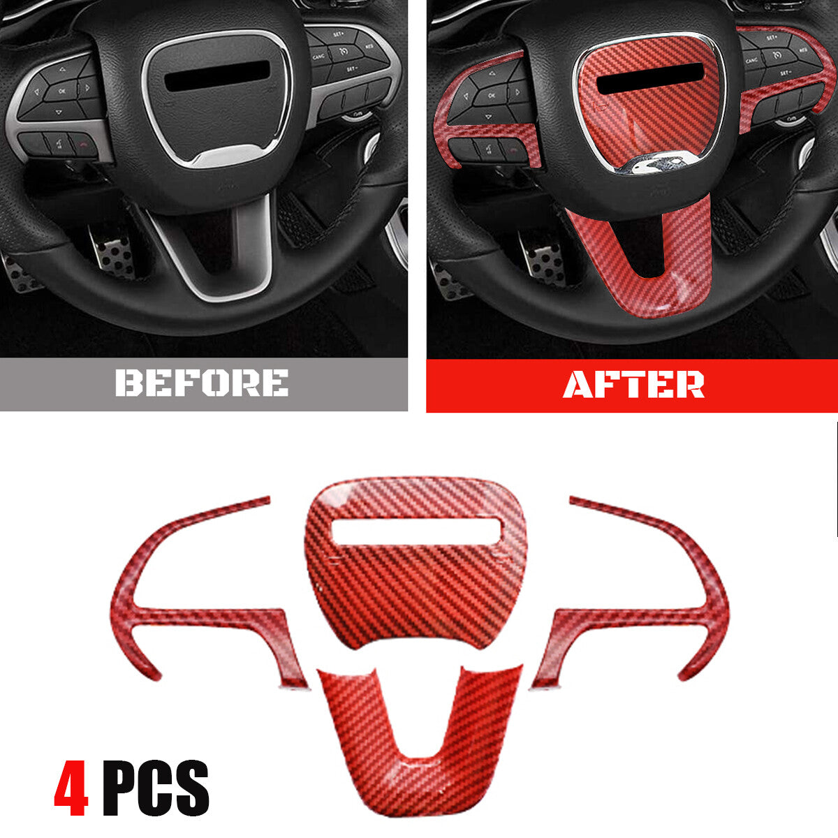 4-Piece for Dodge for Challenger Charger Carbon Fiber Steering Wheel Molded Cover Trim - n
