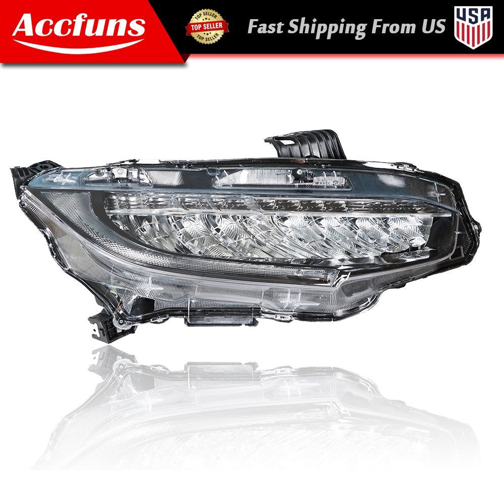 Right headlight compatible with 2016-2019 for Honda for Civic passenger side LED clear lens right-hand side. n