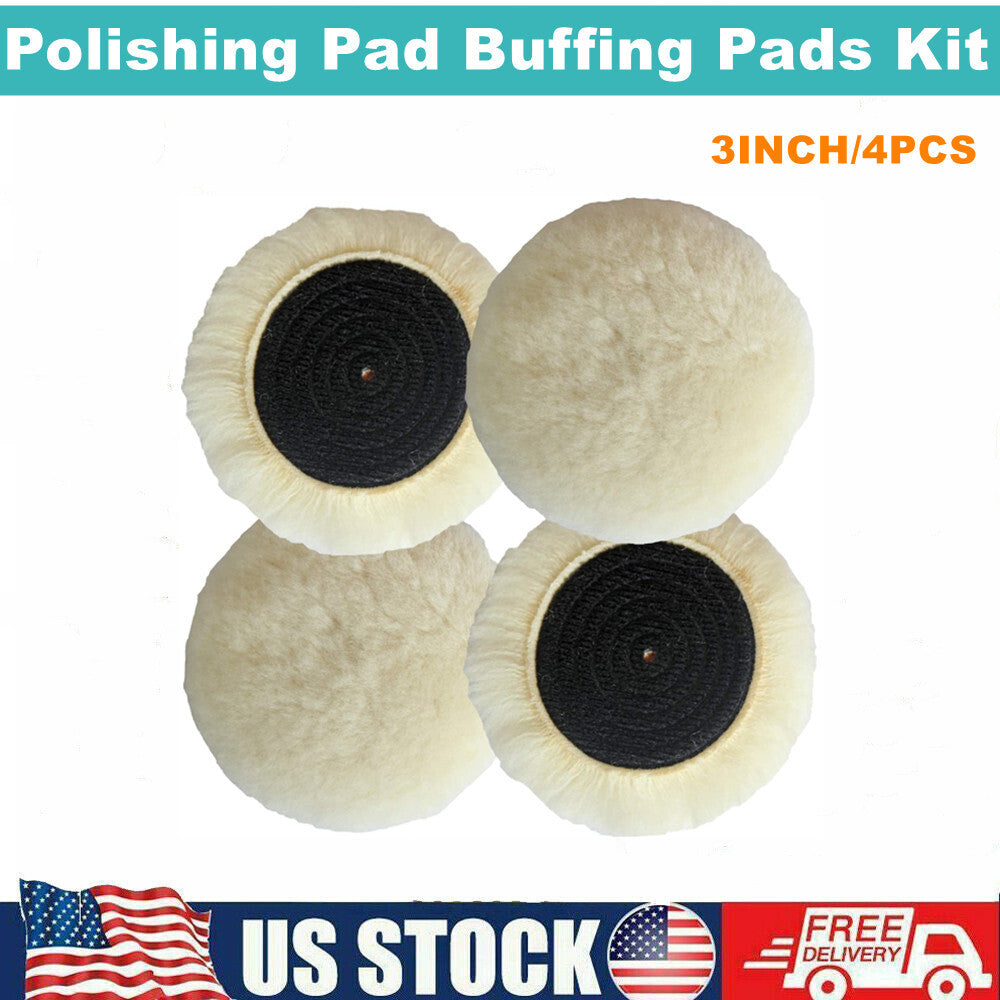 Polishing Pad Kit (4 pieces), 3-inch Buffer, 100% Natural Wool Hook and Loop