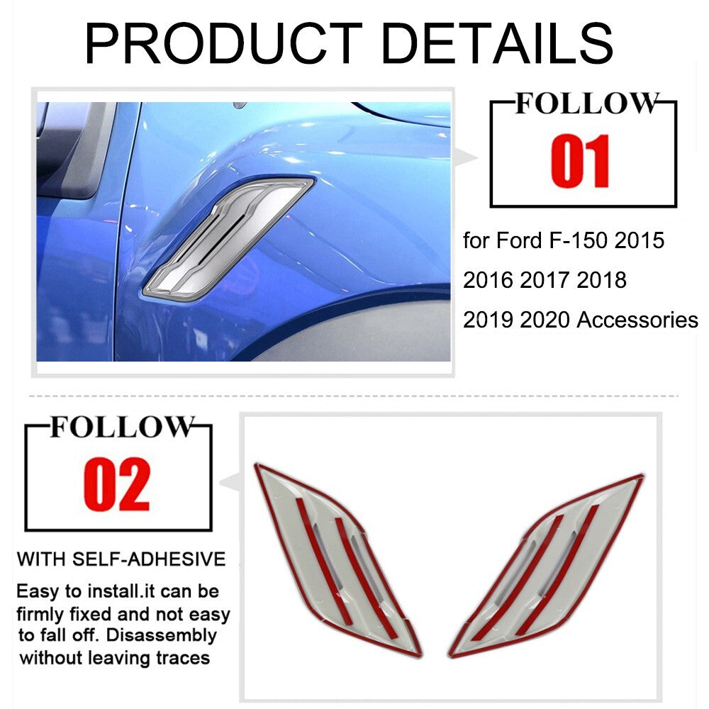 Silver Side Fender Air Vent Outlet Cover Panel Trim for Ford F150 2015-2020
