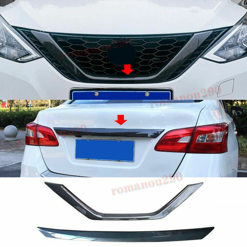 2x for Nissan Sentra 2016-19 Carbon Fiber Front GrilleRear Door Lid Cover Trim