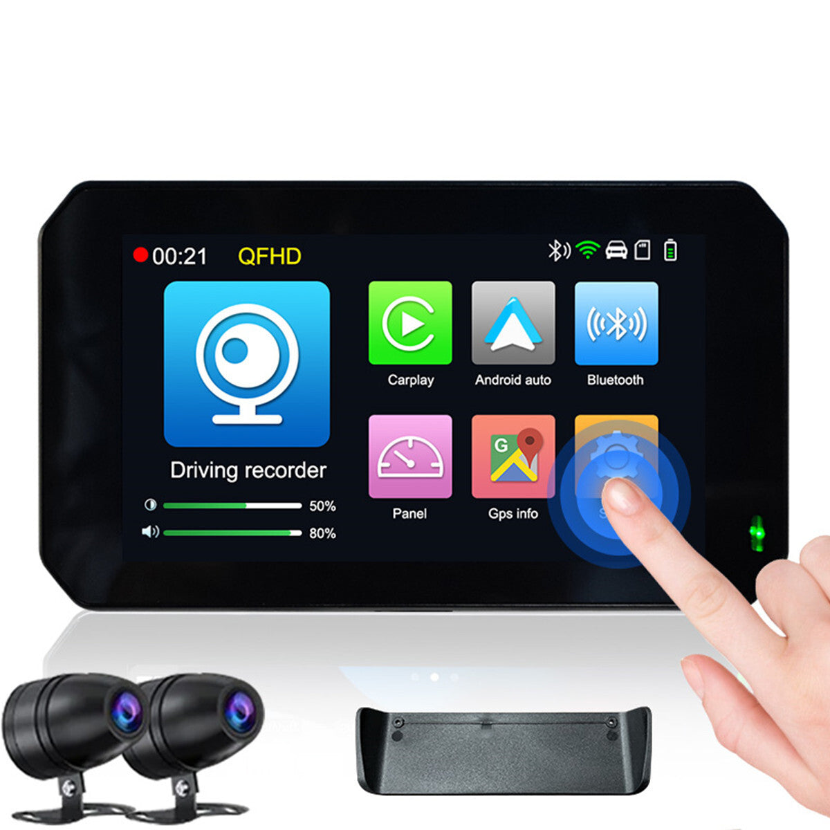 GPS navigation motorcycle DVR recorder with wireless CarPlay Android and automatic waterproofing. n
