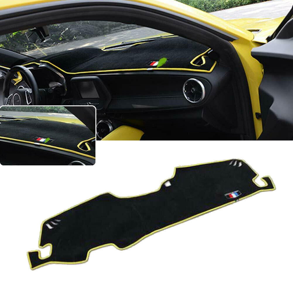 Dashboard mat sun protection cover for 2016-17 for Chevrolet Camaro with yellow trim.