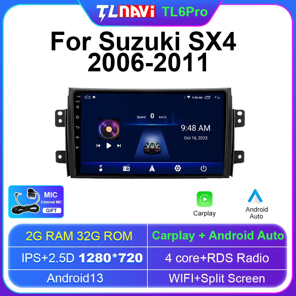 Android Auto CarPlay Car Radio for Suzuki SX4 2006-2011 GPS Stereo Player Screen