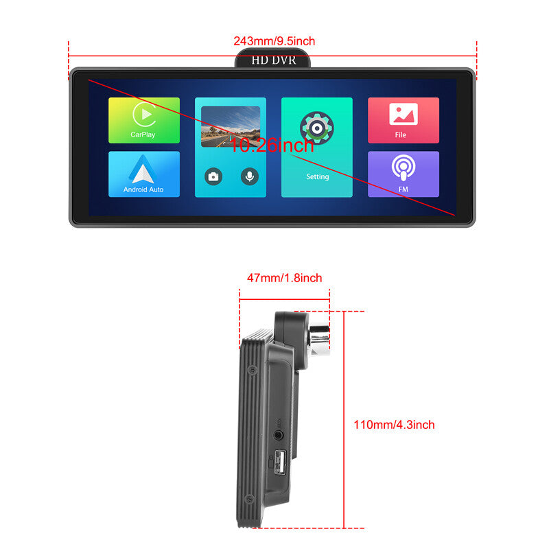 10.26-inch touchscreen car dashcam with wireless CarPlay, Android Auto radio, ADAS, and GPS. n