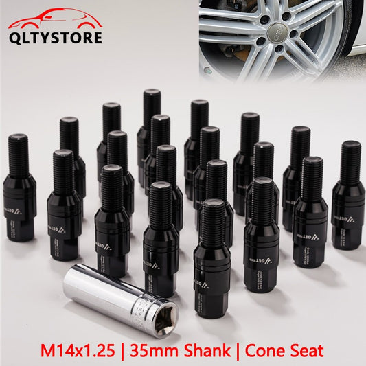 20x M14x1.25 Wheel Lug Bolt 35mm Shank Cone for Seat Stud for Most Aftermarket Black Q