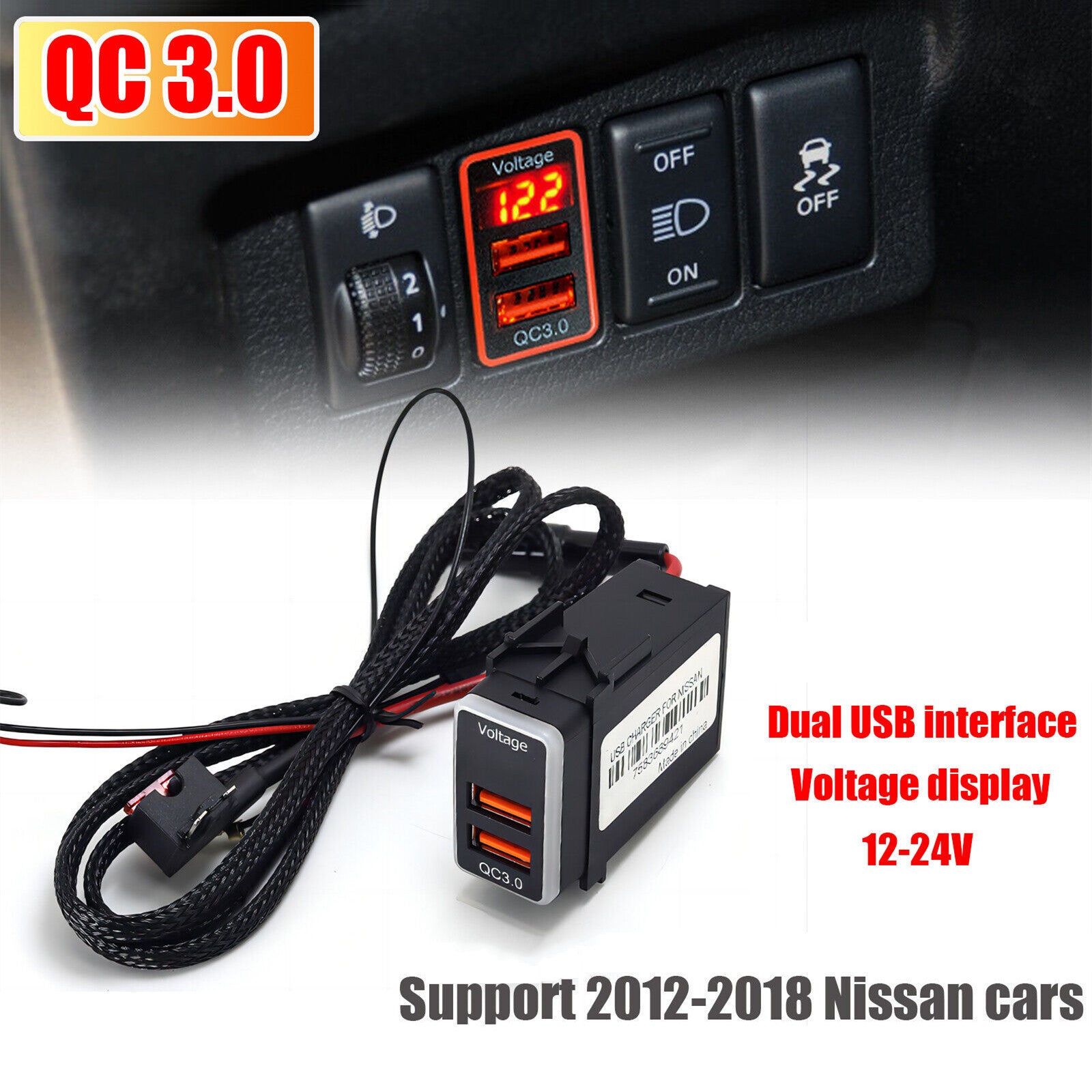 Suitable for QC3.0 QuickCharger Dual USB Mobile Phone Adapter Port LED Digital Voltmeter n