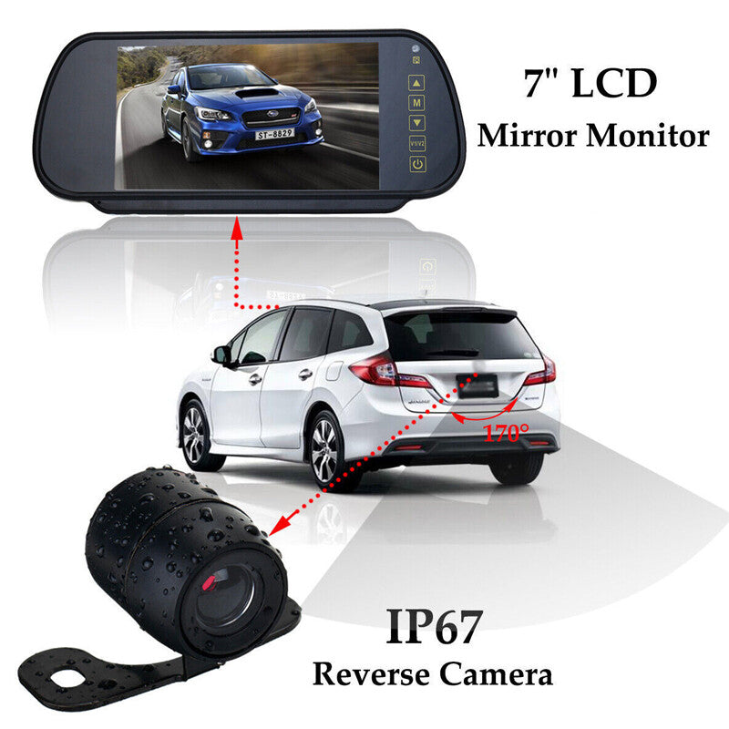 7-inch car dashcam rearview mirror monitor with backup camera, night vision, IP67 rating. n