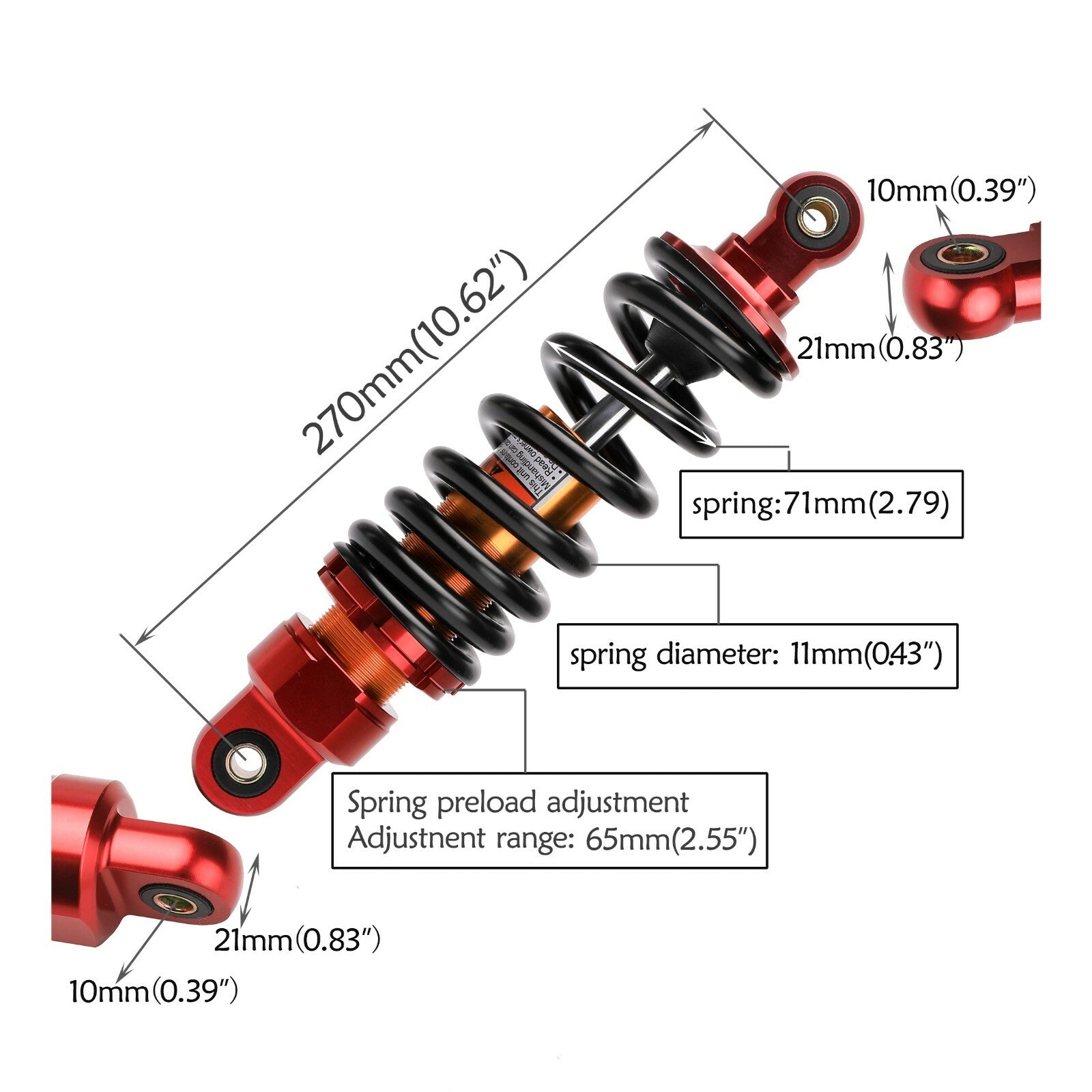 270mm 10.5-inch rear shock absorber suitable for Pit Dirt bicycles, all-terrain vehicles, four-wheel drive go-karts, off-road vehicles, CRF50