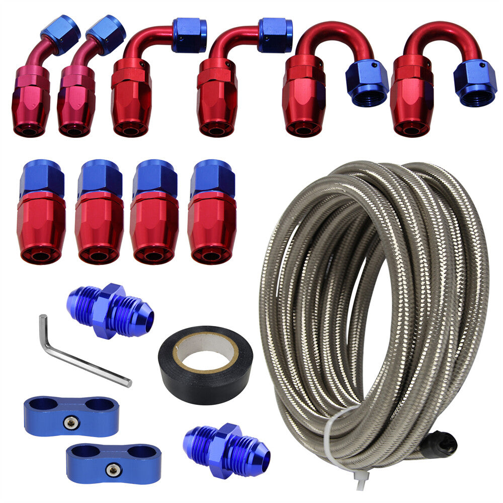 16.4FT 5M AN6 Stainless Steel Braided Fuel Line +10PCS Hose End Fittings Silver