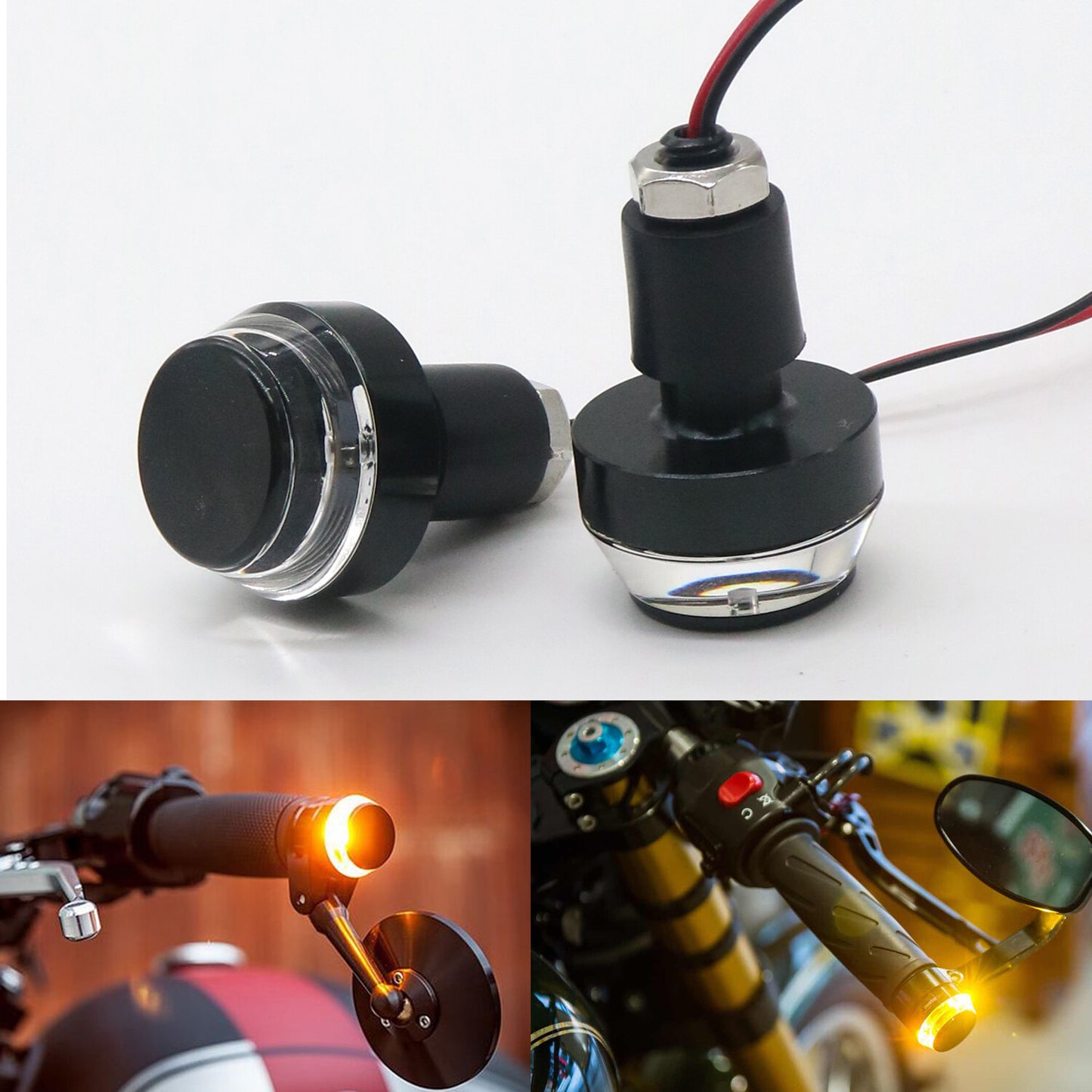 Black 22mm Handlebar Turn Signal Grip Bar End LED Plug Strobe Side Marker Light Q
