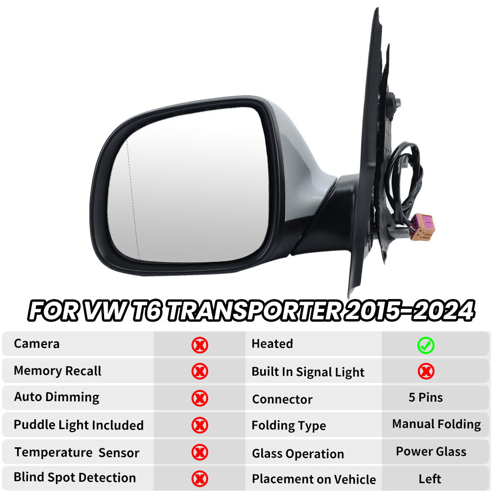 F¨¹r for VW T6 Transporter 2015-2024 Links Au?enspiegel Spiegel Beheizt Silber