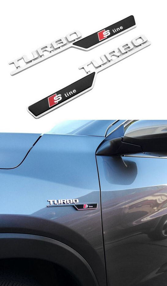 2-Piece Automotive S-Line Turbo Side Fender Badge Sticker, Car Body Badge, Black Chrome Plating