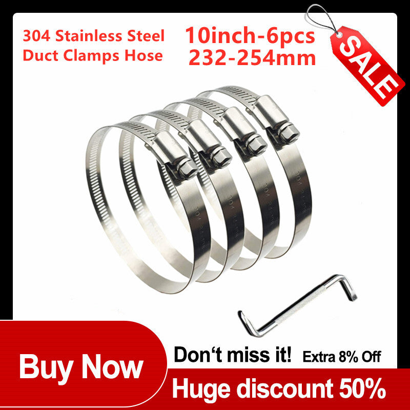 6-Pack 10-inch Pipe Clips, Fuel Worm Gear Hose Clips, Adjustable Fuel Line 304SS