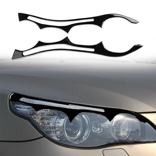2X Black Gloss Front Headlight Eyelid Eyebrow Cover for BMW 5 Series E60 2004-10