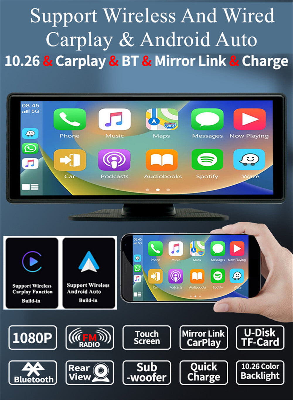 10.26in Portable Car Stereo Radio For Carplay Android Auto Touch Screen W/Cam