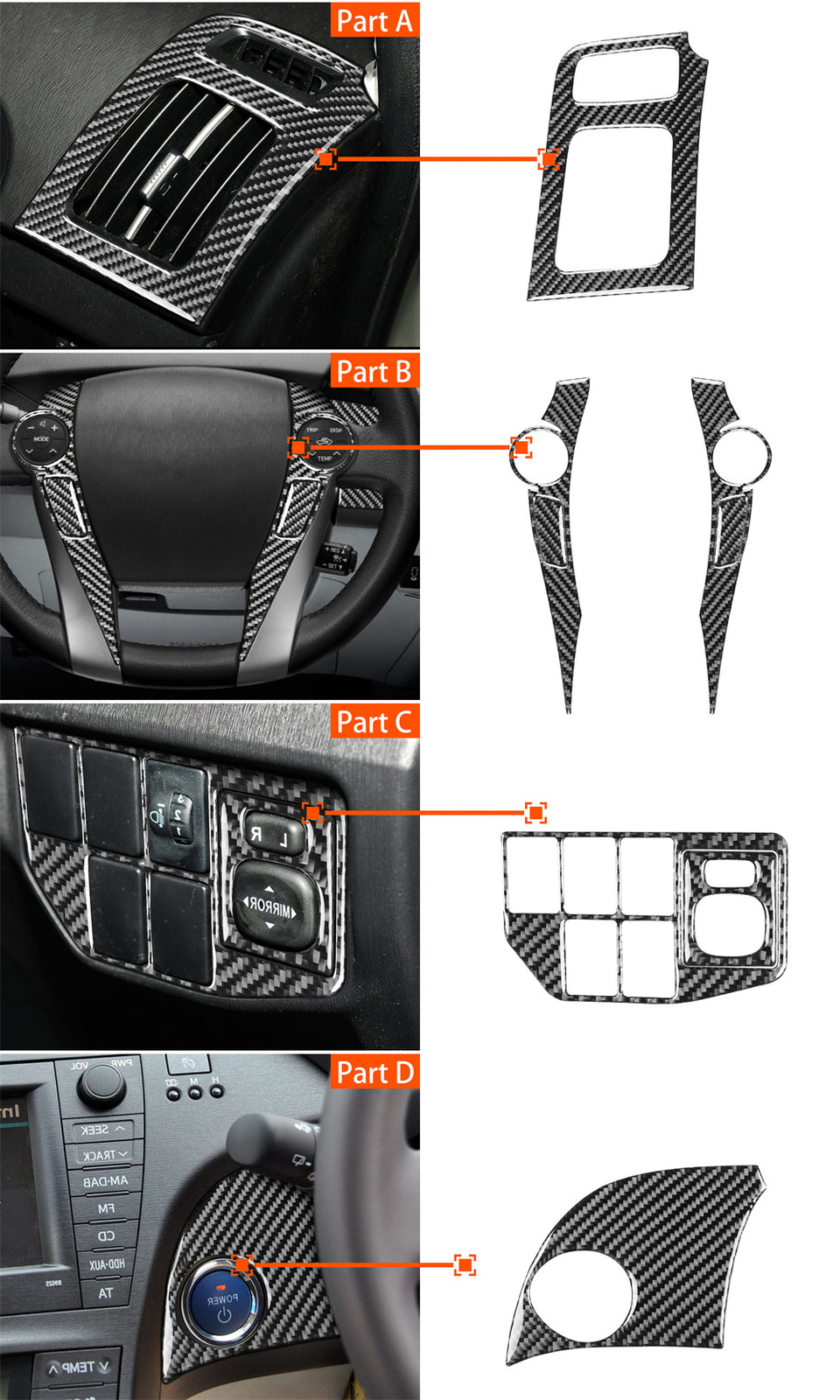 For Toyot@ Prius 2012-15 RHD Interior Steering Wheel Set Trim Kit Carbon Fiber¡Á8