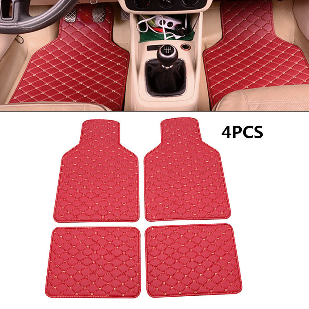 4pcs Red Leather Car Floor Mats, Quilted Design, Waterproof Lining, Durable n