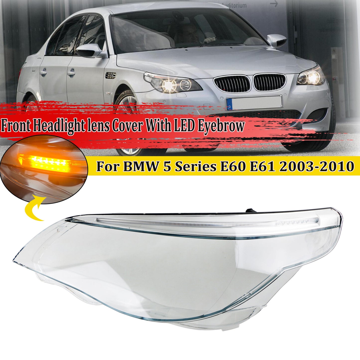 Left Headlight Headlamp Lens Cover+LED Eyelid Eyebrow for BMW 5 Series E60 E61