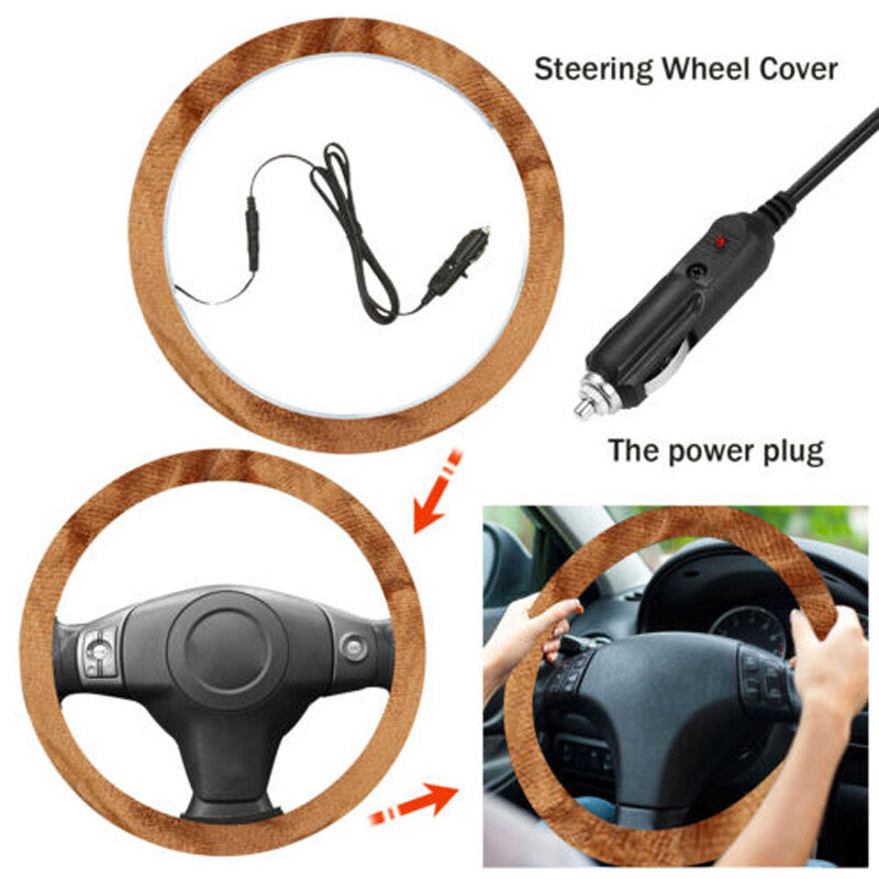 15-inch Brown Heated Steering Wheel Cover - Comfortable Car Steering Wheel Protection n