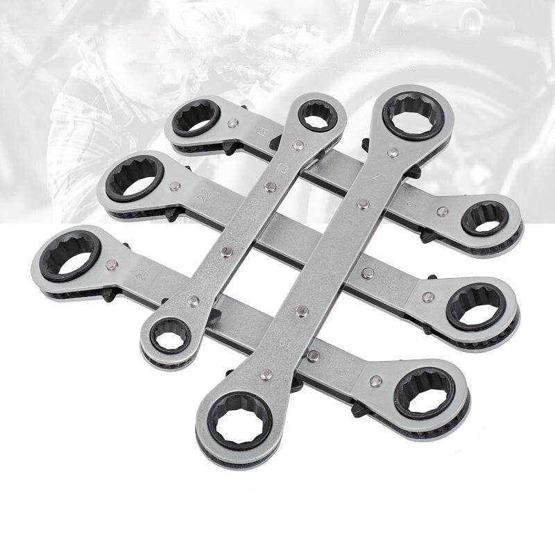 5Pcs Offset Ring Ratchet Spanner Set Tool Wrench Reversible Head Sliver Straight Q