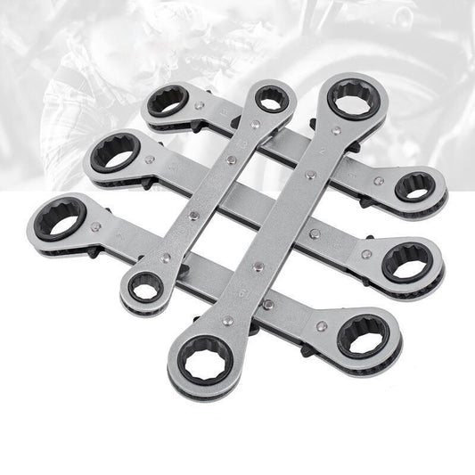 5Pcs Offset Ring Ratchet Spanner Set Tool Wrench Reversible Head Sliver Straight Q