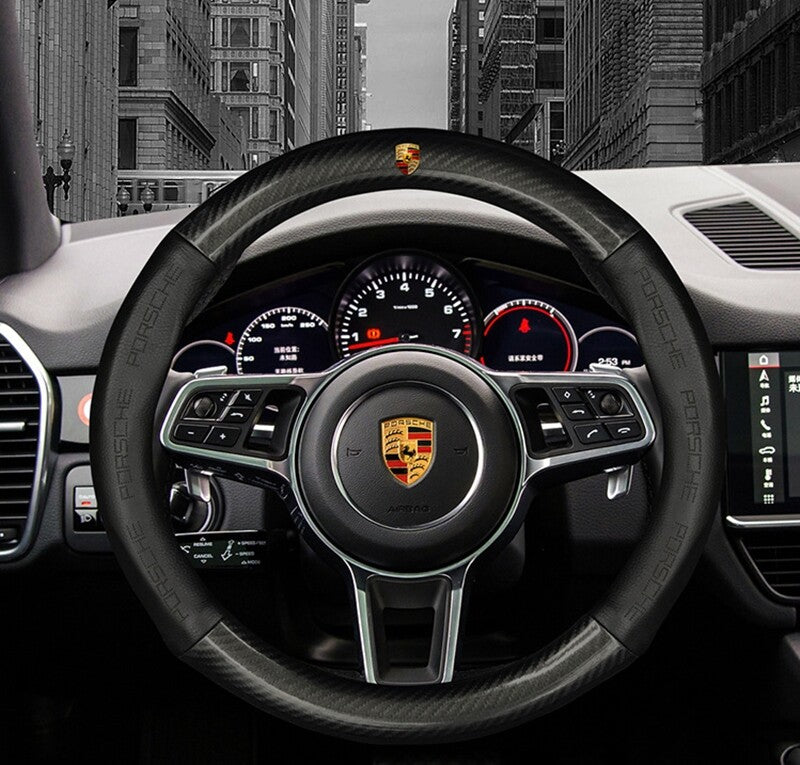 Black 15-inch leather steering wheel cover for Porsche