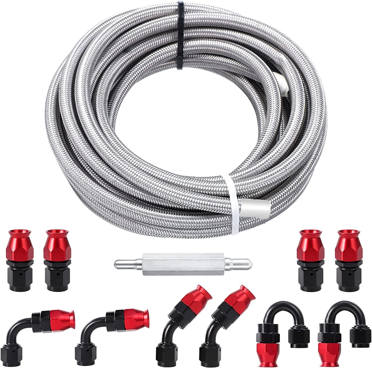 6AN 3/8 inch PTFE LS Replacement EFI Fuel Hose Fitting Kit E85 Nylon Braided Fuel Hose 20 ft