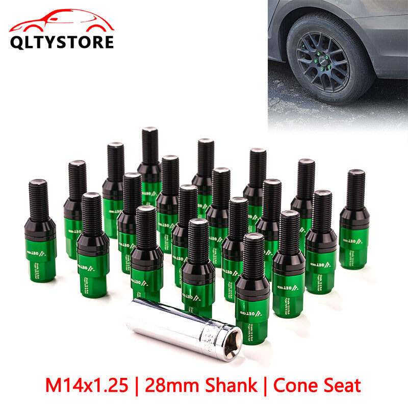 20x M14x1.25 Wheel Lug Bolt 28mm Shank Cone for Seat Stud for Most Aftermarket Green Q