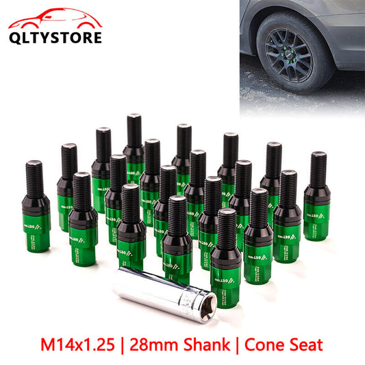20x M14x1.25 Wheel Lug Bolt 28mm Shank Cone for Seat Stud for Most Aftermarket Green Q