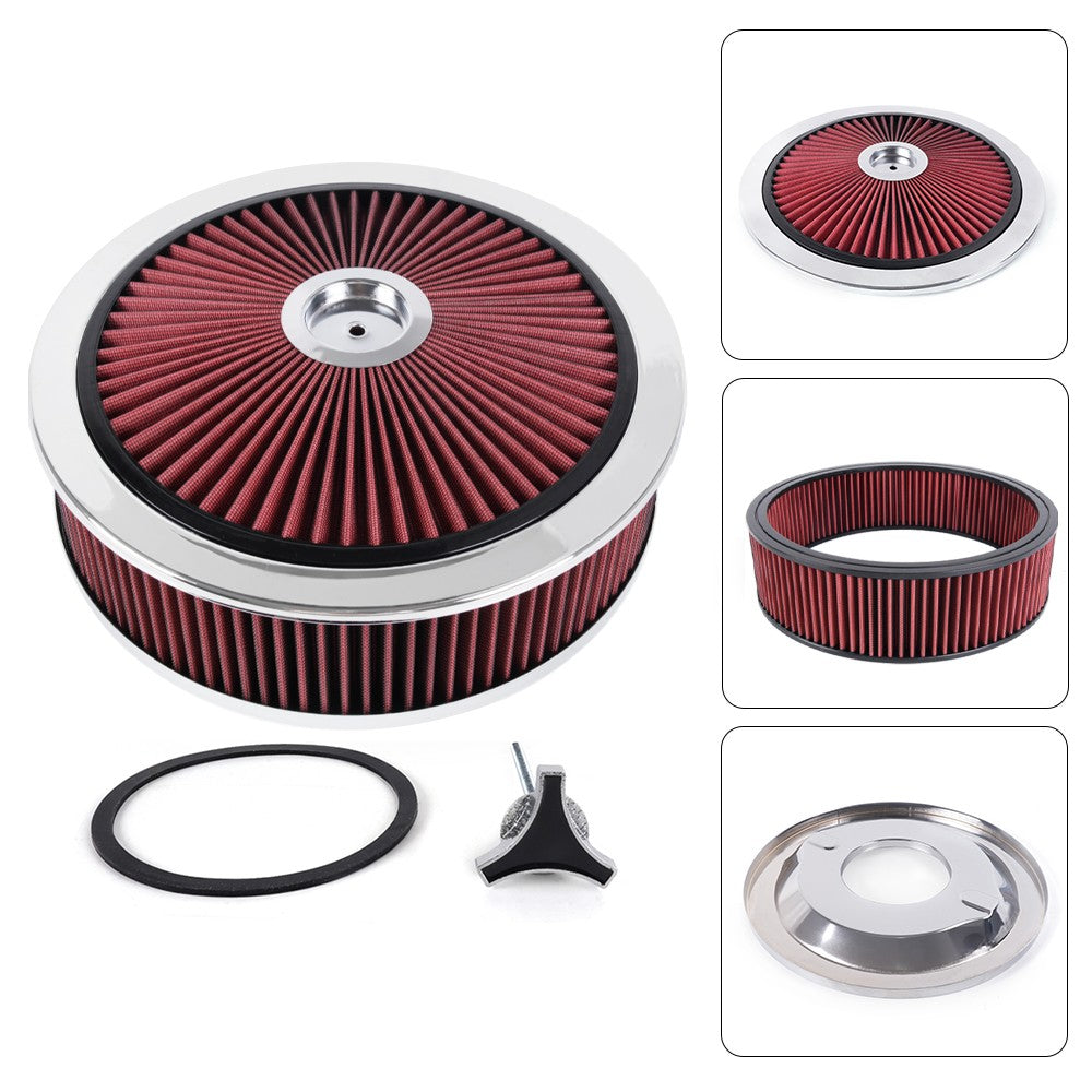 14 X 4 Round Red Thru High Flow Washable Air Cleaner w/ Chrome Lid For SBC BBC Q
