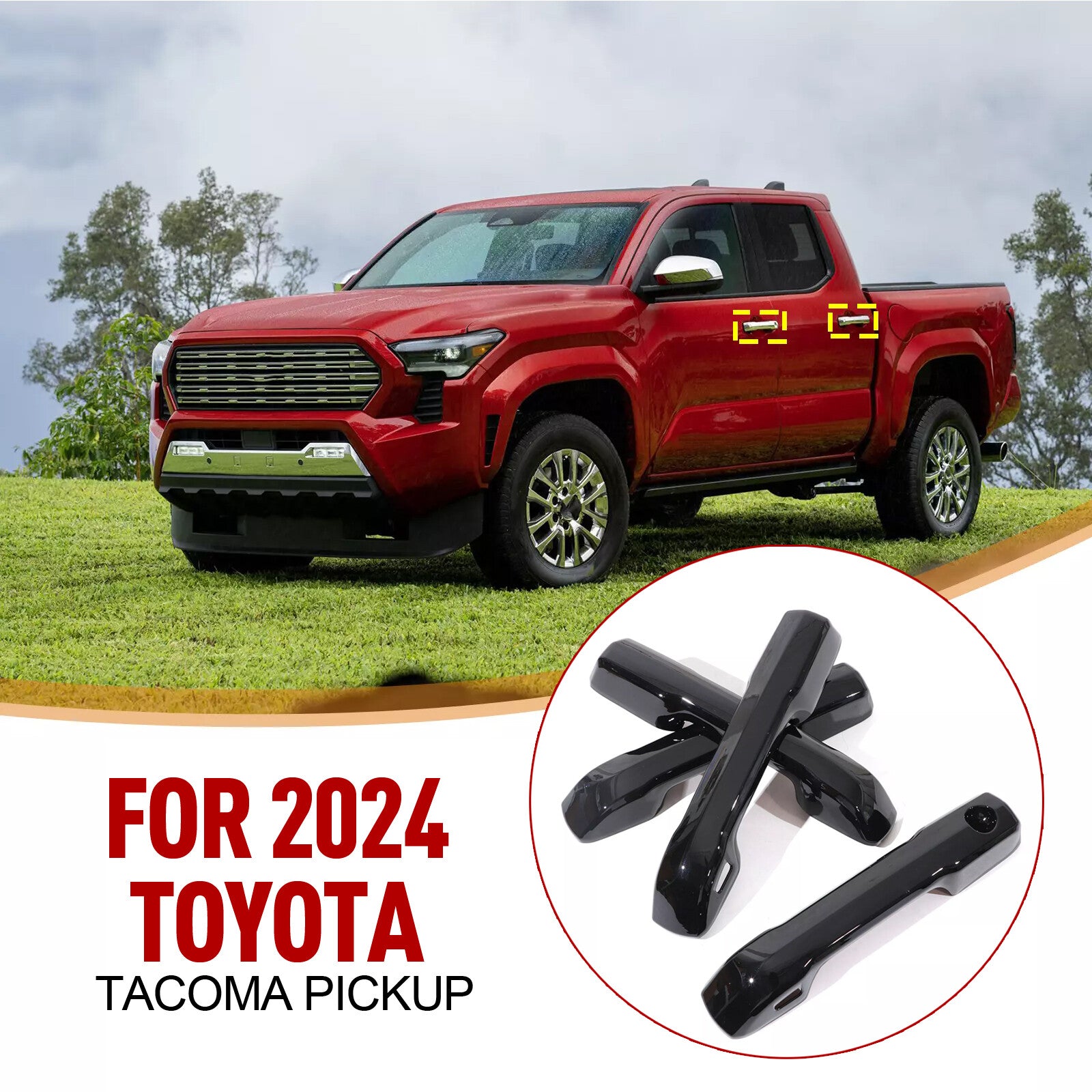 Glossy solid black side door handle cover trim for 2024 for Toyota Tacoma Pickup Truck